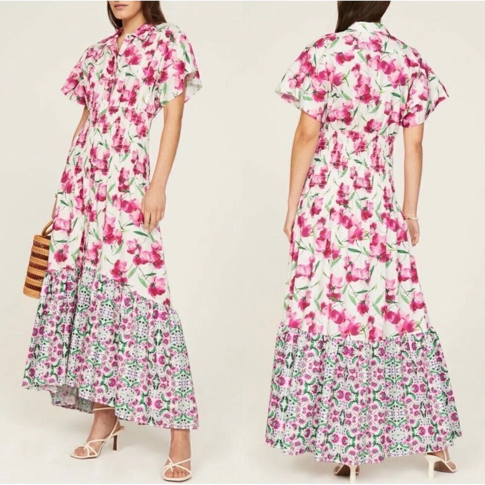 Misa Carolina floral shirt dress maxi button up L cotton derby wedding resort